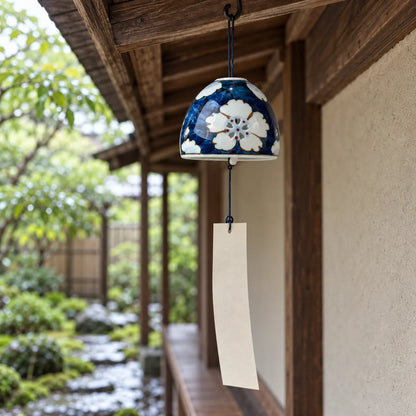 Hand-painted Arita blue floral openwork wind chime with paper tanzaku under a cedar garden eave