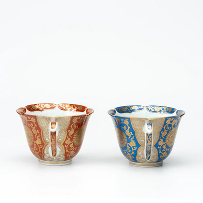 Red and blue gold-patterned cups shown side by side for color comparison.