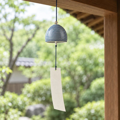 Arita blue-and-white striped porcelain wind chime with paper tanzaku hanging under a covered veranda