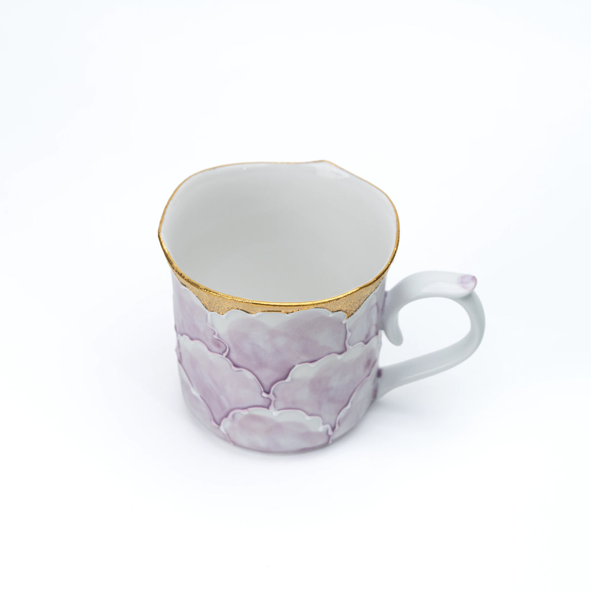 Top view into the purple peony mug and its white interior.