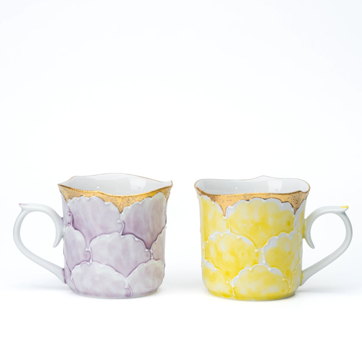 Purple and yellow peony mugs side by side for color comparison.