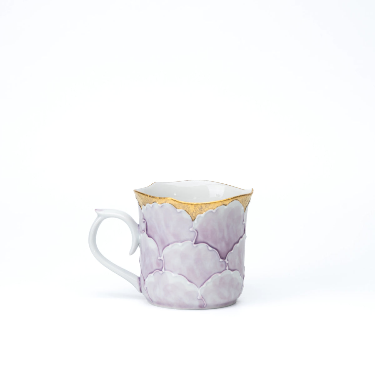 Purple peony porcelain mug with a scalloped gold rim on white.