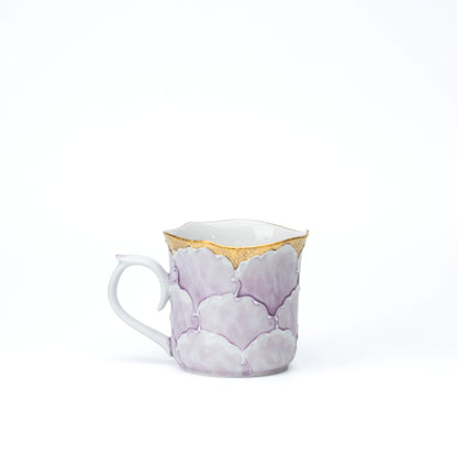 Purple peony porcelain mug with a scalloped gold rim on white.