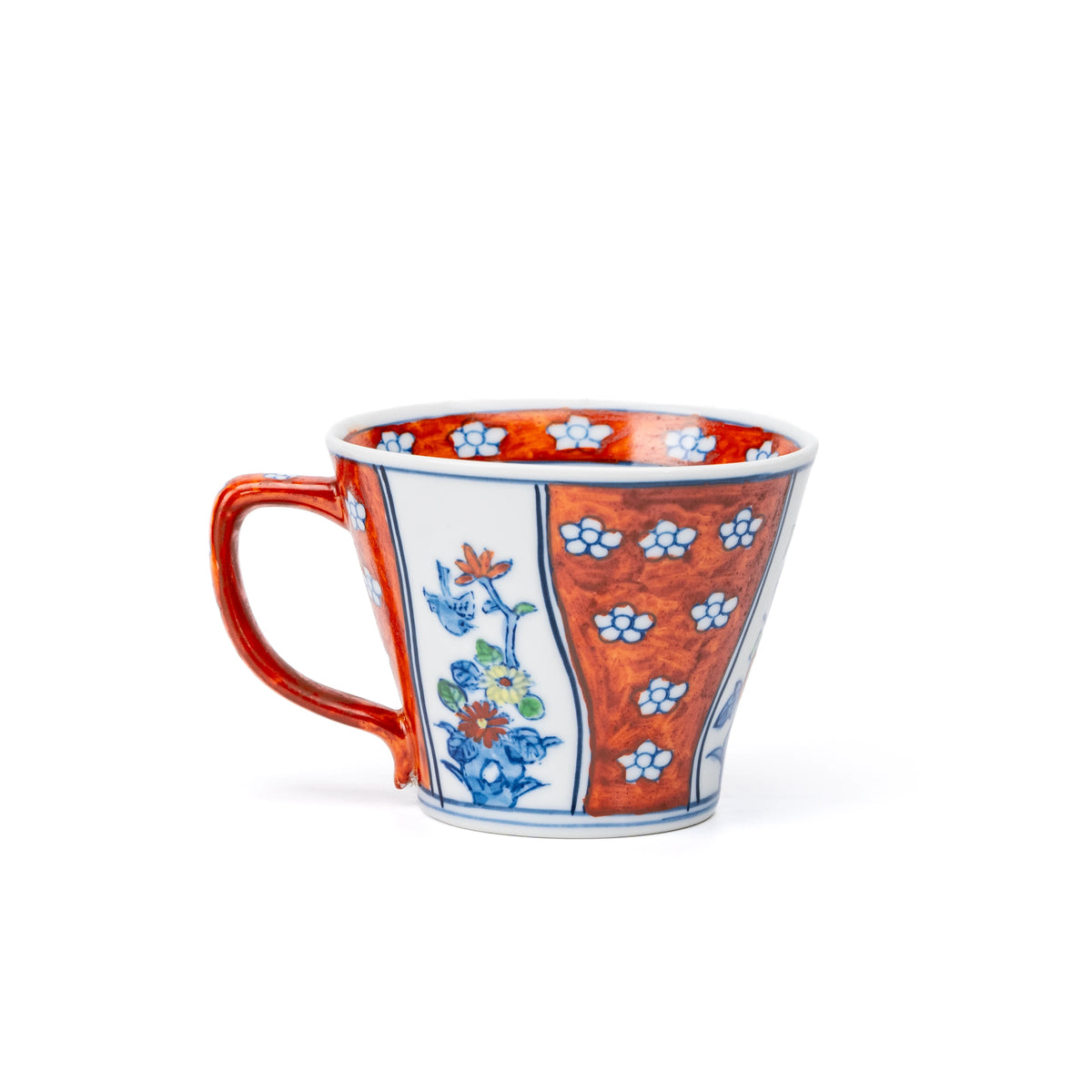 Opposite side of the red floral cup and handle.