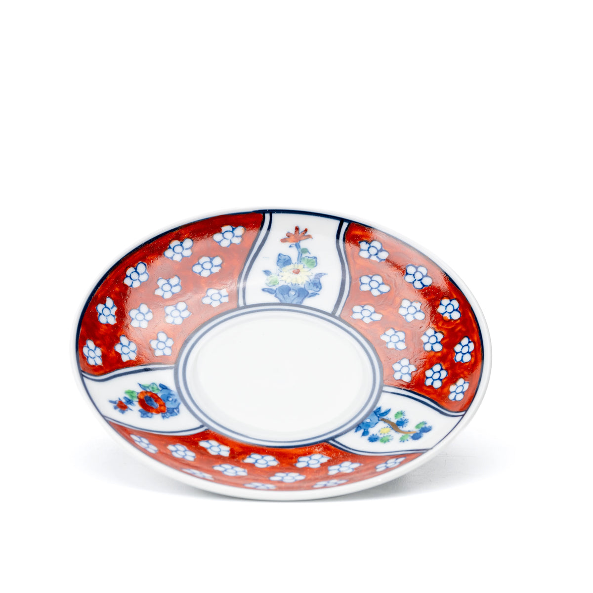 Red floral saucer viewed from above.