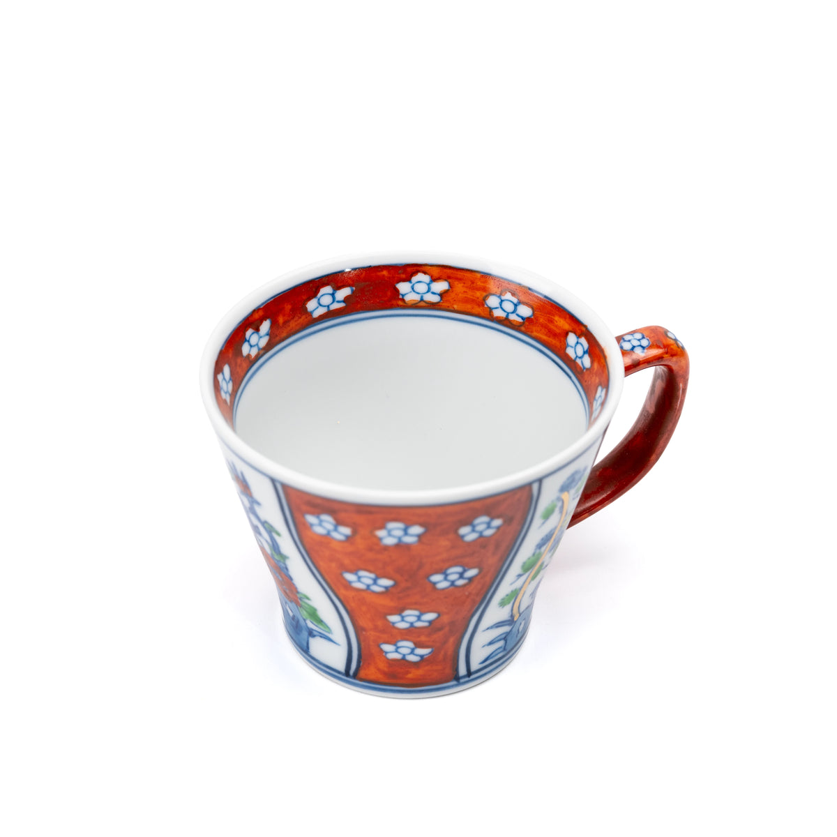 Top view into the red floral cup.