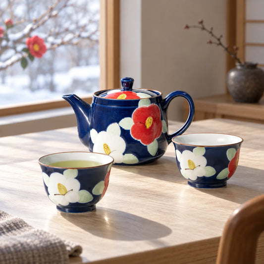 Arita indigo camellia teapot with two matching sencha cups on a pale wood table