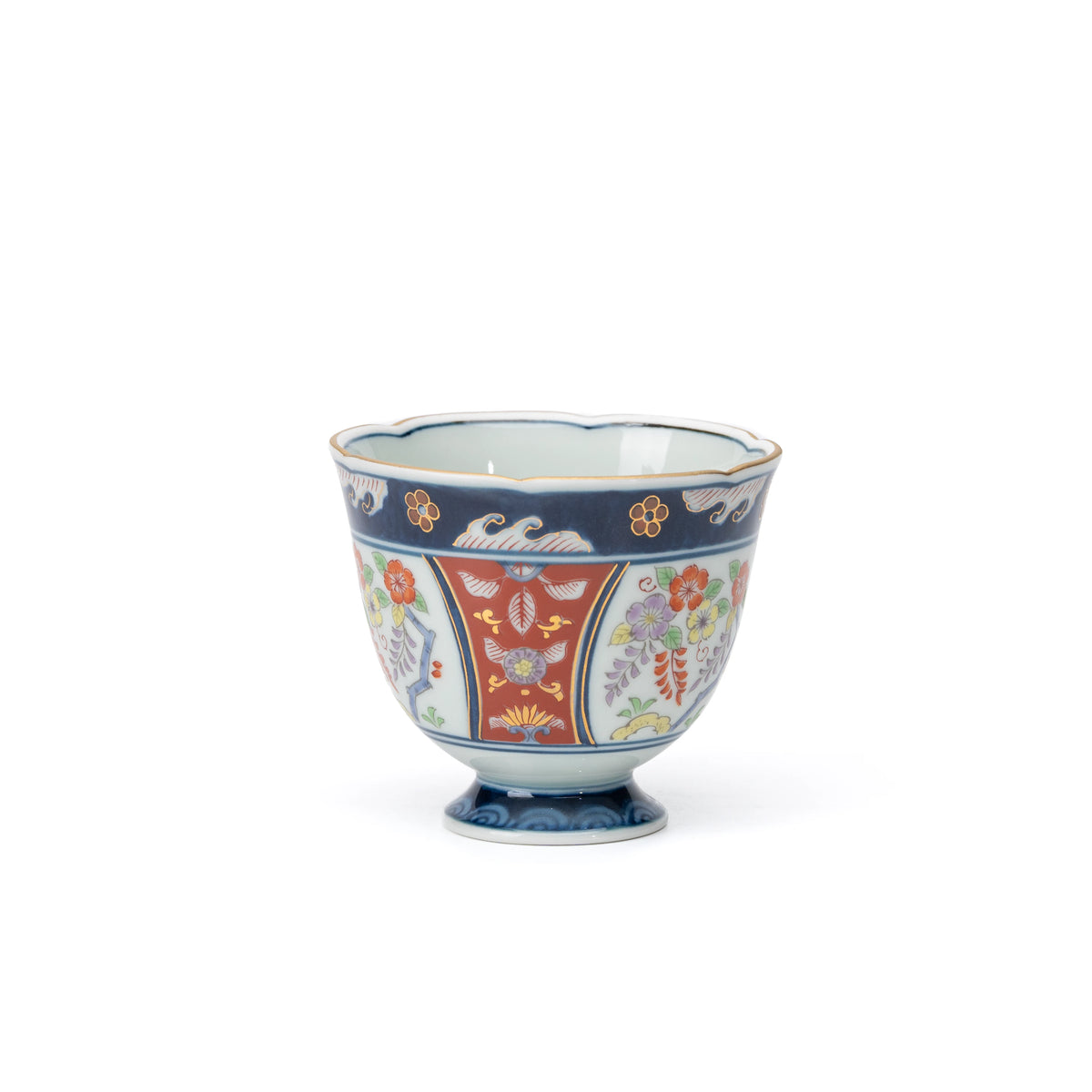 Opposite side of the blue and red cup with floral panels.
