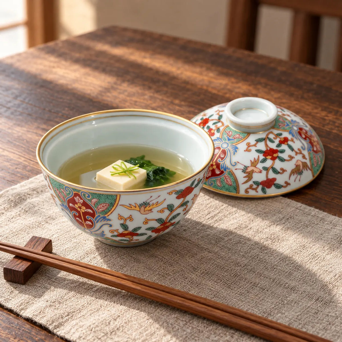 Petit bol à couvercle de style Ko-Imari contenant du bouillon clair et du tofu, avec son couvercle peint à côté, sur une table en bois