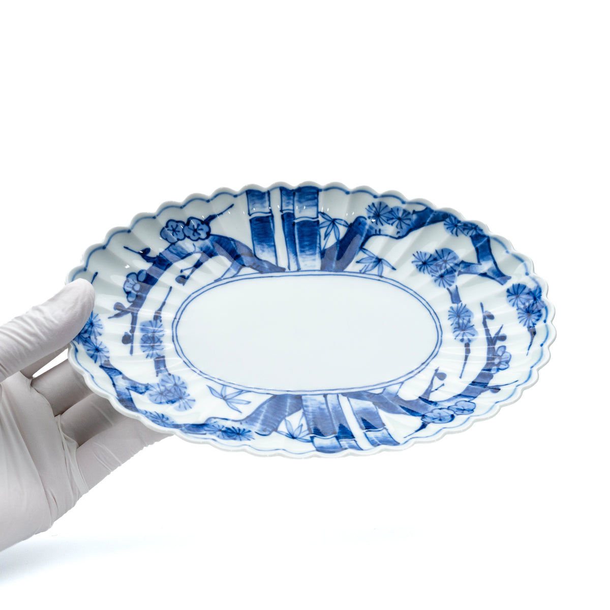 Blue and white oval platter held in a gloved hand.