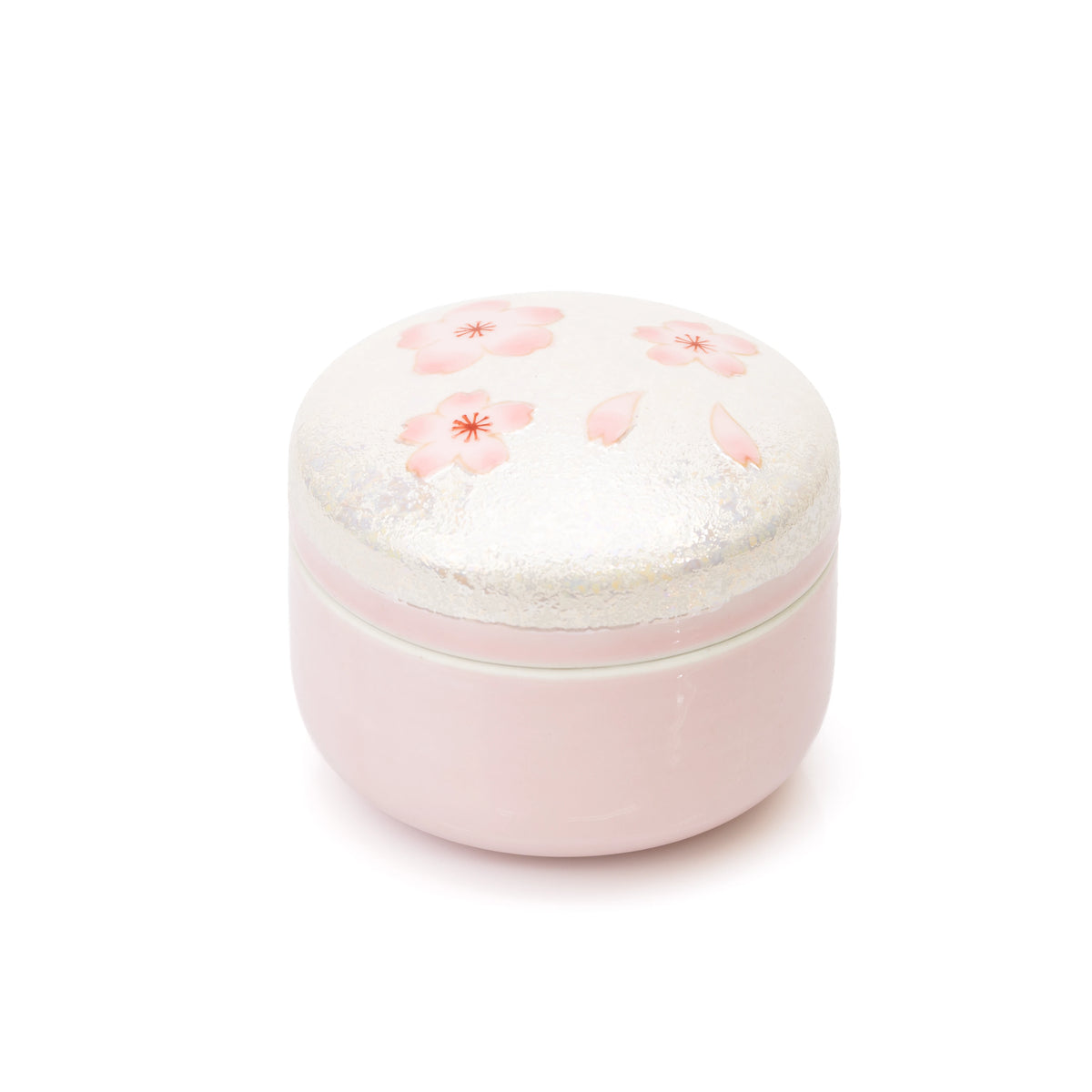 Low pink porcelain lidded box with cherry blossoms on white.