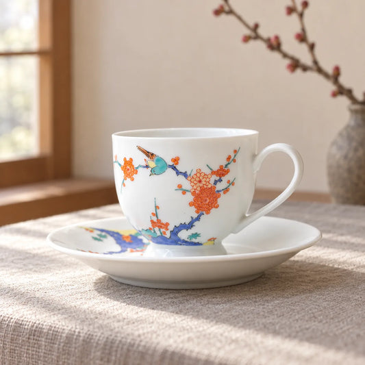 Arita plum blossom and bird cup resting empty on its matching saucer in soft early-spring light.