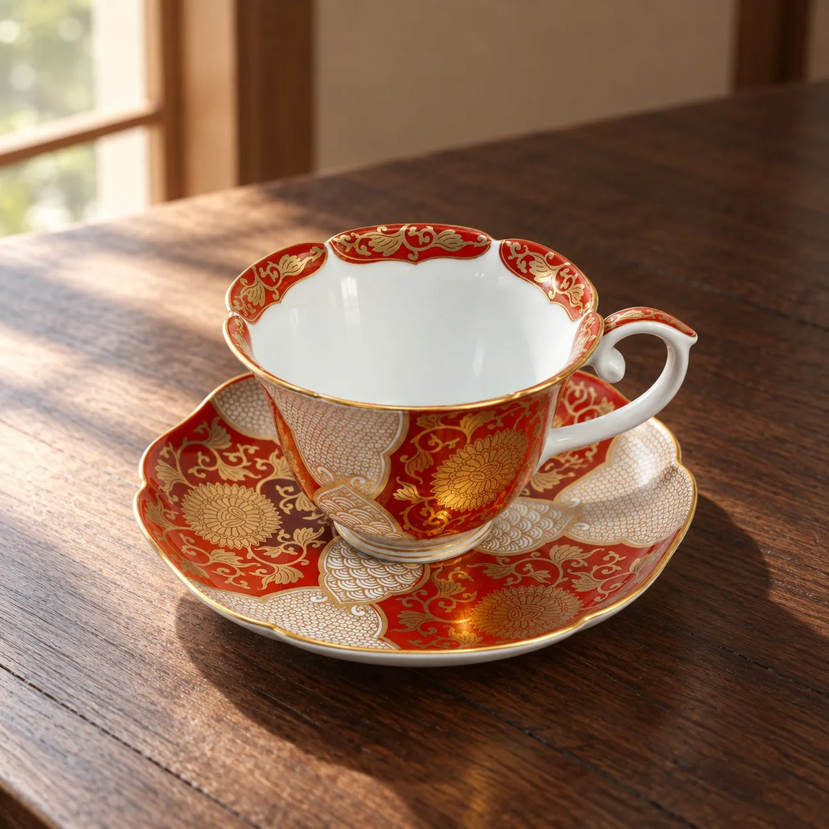 Red-and-gold Arita chrysanthemum cup resting empty on its matching saucer on a walnut table.