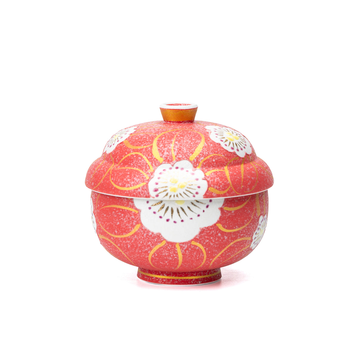 Red porcelain lidded bowl with white flowers and gold scrolls on white.