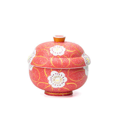 Side view of the closed red floral bowl and lid.