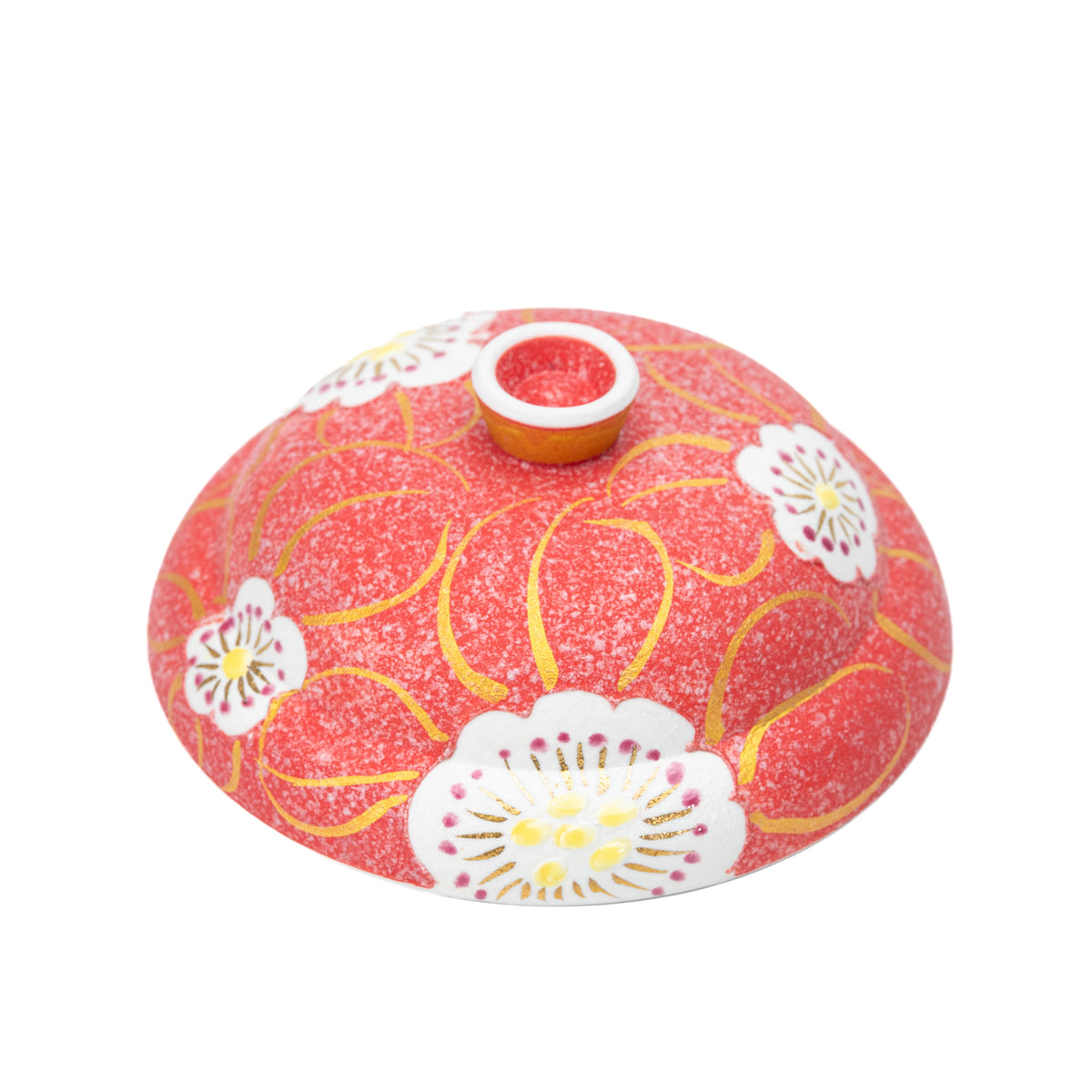 Close-up of the red floral lid and round knob.