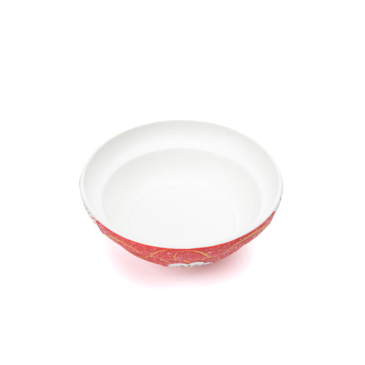 White interior and red rim of the porcelain bowl.