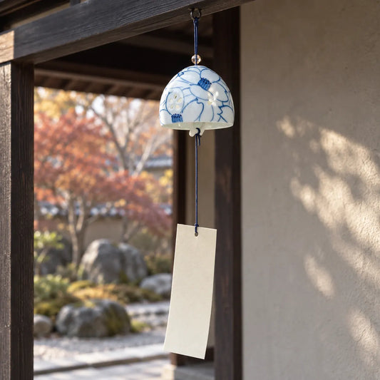 Arita white porcelain sazanka camellia wind chime with paper tanzaku at a sheltered autumn entrance
