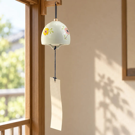 Arita Shikisaika floral porcelain wind chime with paper tanzaku hanging beside an open window