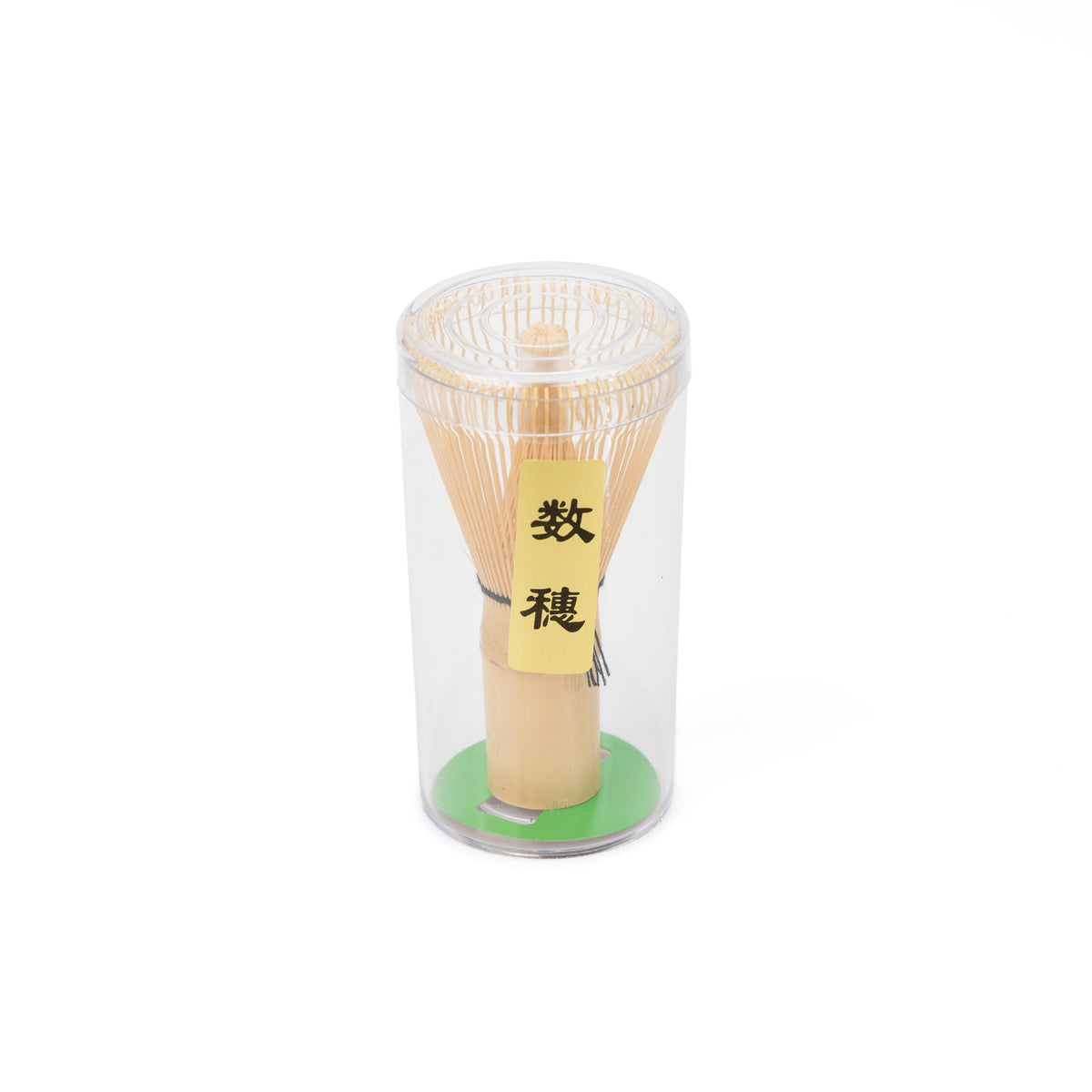 Angled view of the packaged bamboo Kazuho whisk and its label.