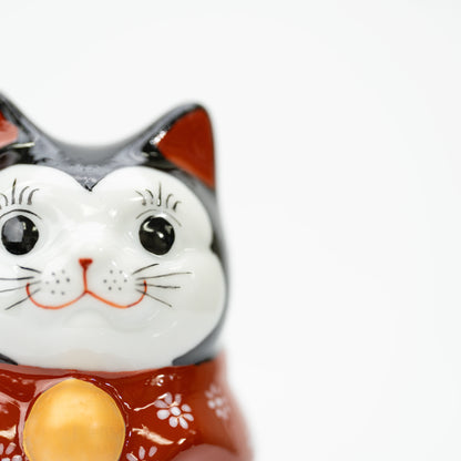 Close-up of the black Kutani lucky cat's white face, black eyes and red inner ears.