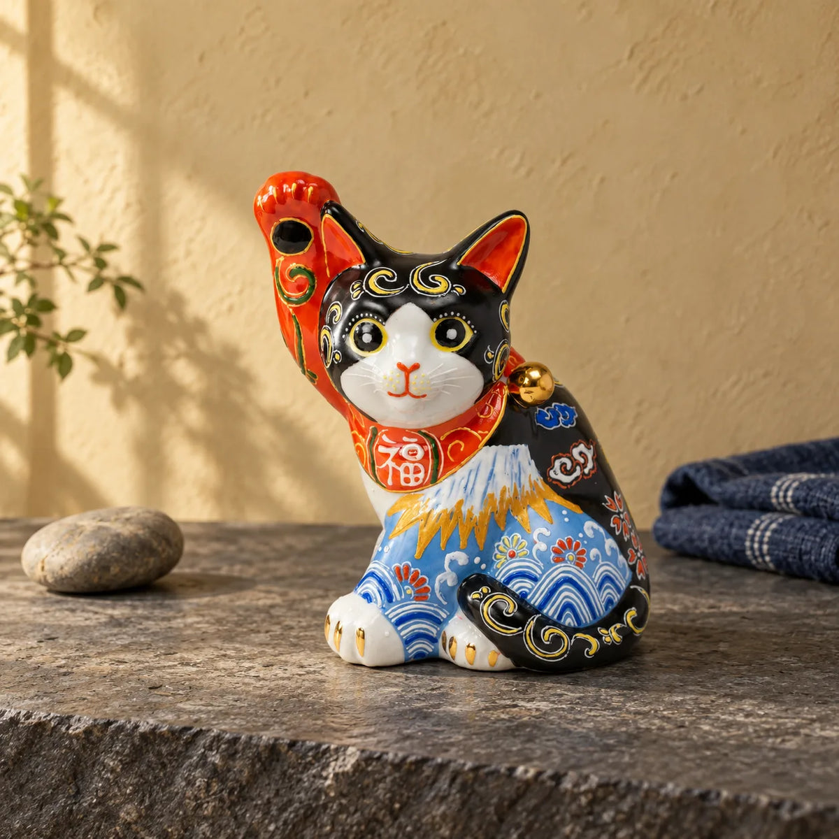 Black Kutani lucky cat with White Fuji and blue waves on a stone ledge beside indigo textile and a pebble