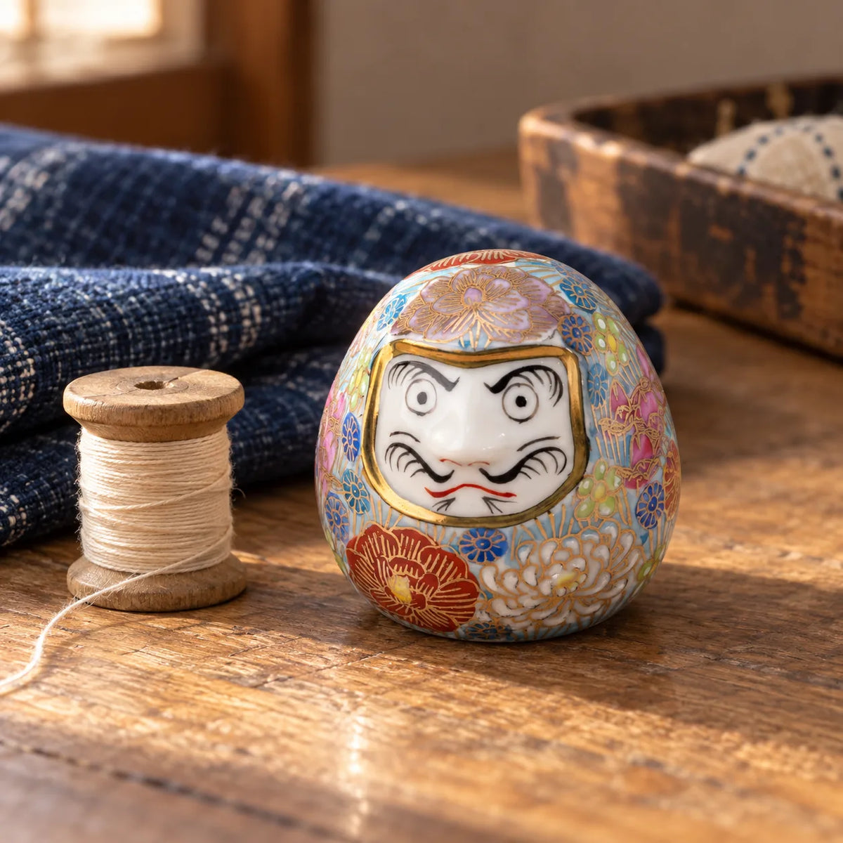 Small blue Kutani Hanazume Daruma with painted eyes beside indigo cloth and a thread spool on a wooden worktable
