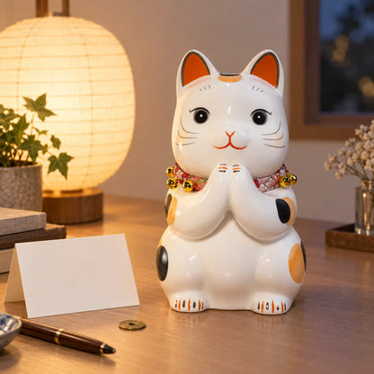 Yakushigama calico wishing cat coin bank with joined paws beside a blank folded card and coin