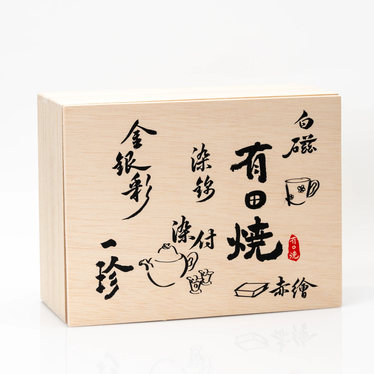 Wooden box for the tea set with black Japanese calligraphy, a red Arita ware mark and drawings of teaware.