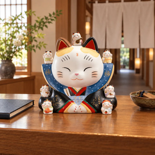Yakushigama Fukusuke cat coin bank with seven small Lucky Gods cats on an inn reception table