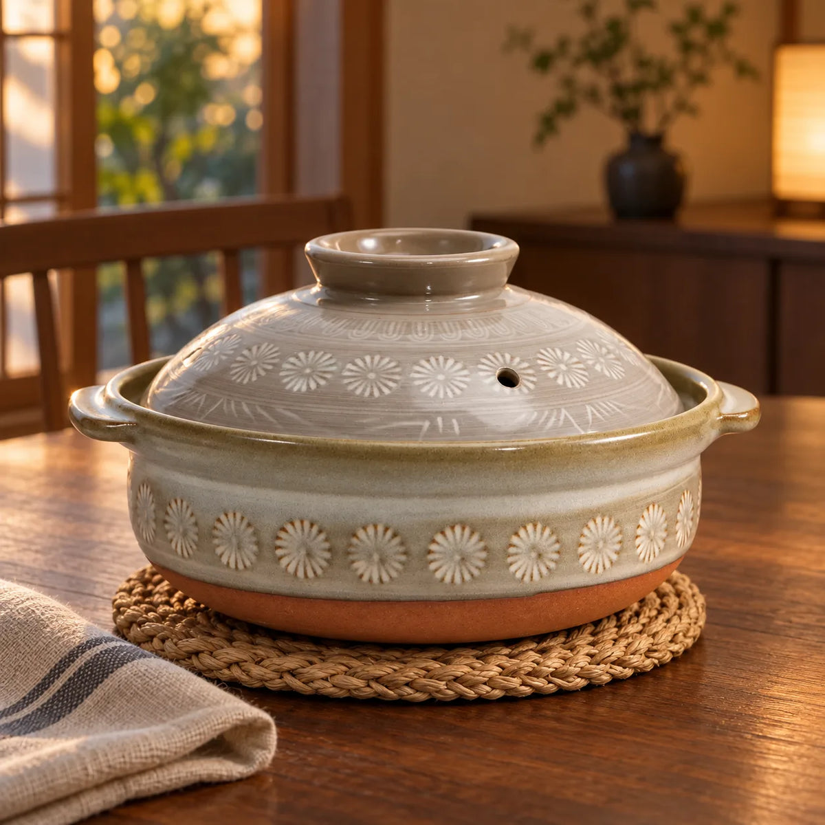 Ginpo Hana Mishima gas-compatible donabe with its floral-patterned lid on a trivet at a wooden table; sizes vary.