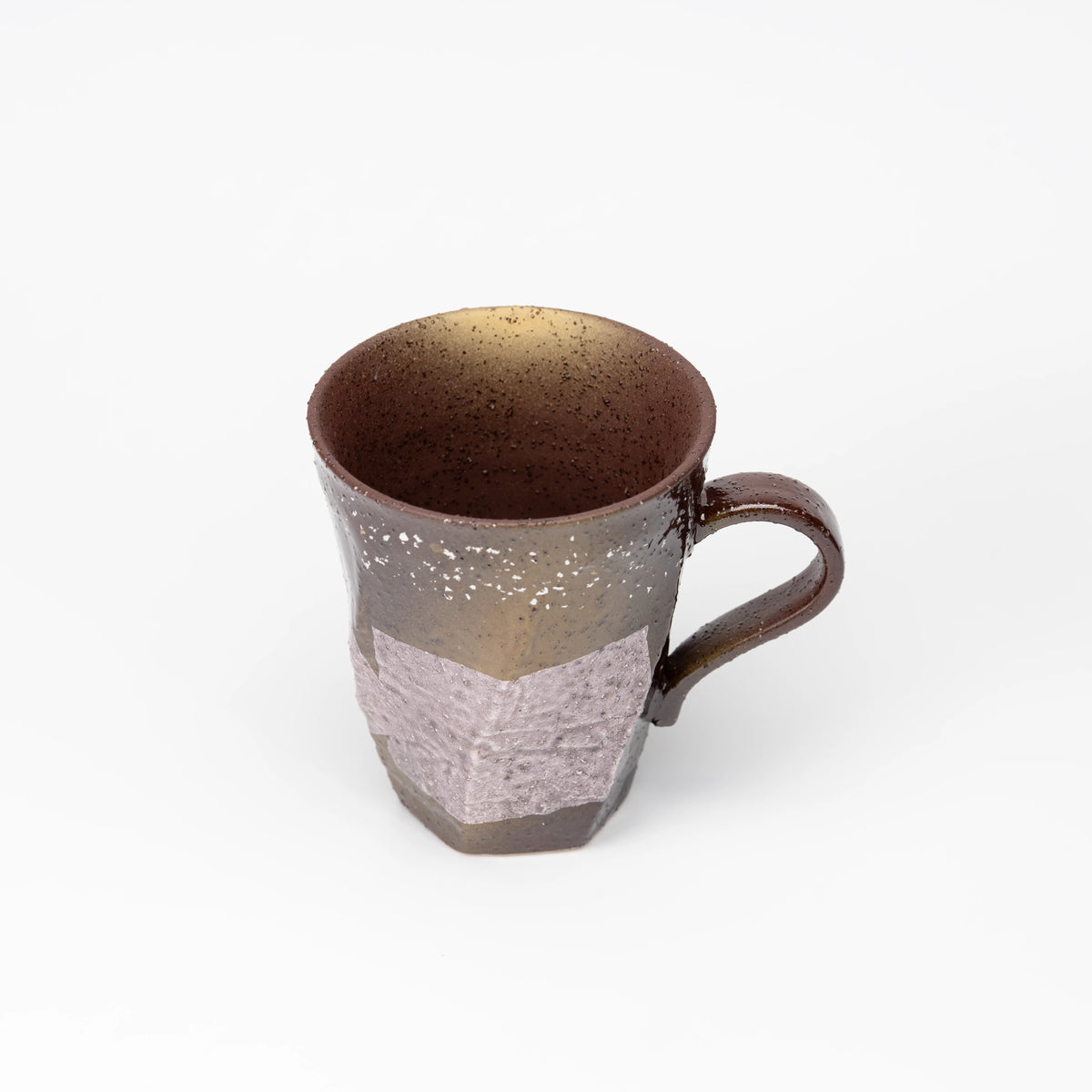 Lilac silver-foil mug viewed from above.