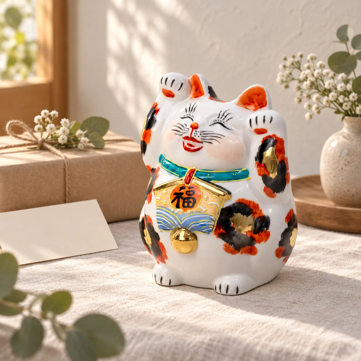 Gold-coloured calico lucky cat with both paws raised beside a wrapped parcel and blank card