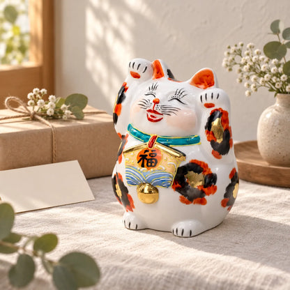 Gold-coloured calico lucky cat with both paws raised beside a wrapped parcel and blank card