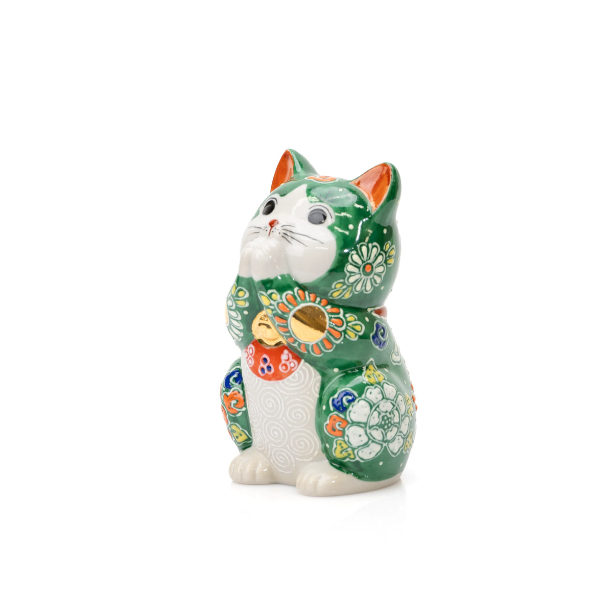 Angled side view of the green floral praying cat.