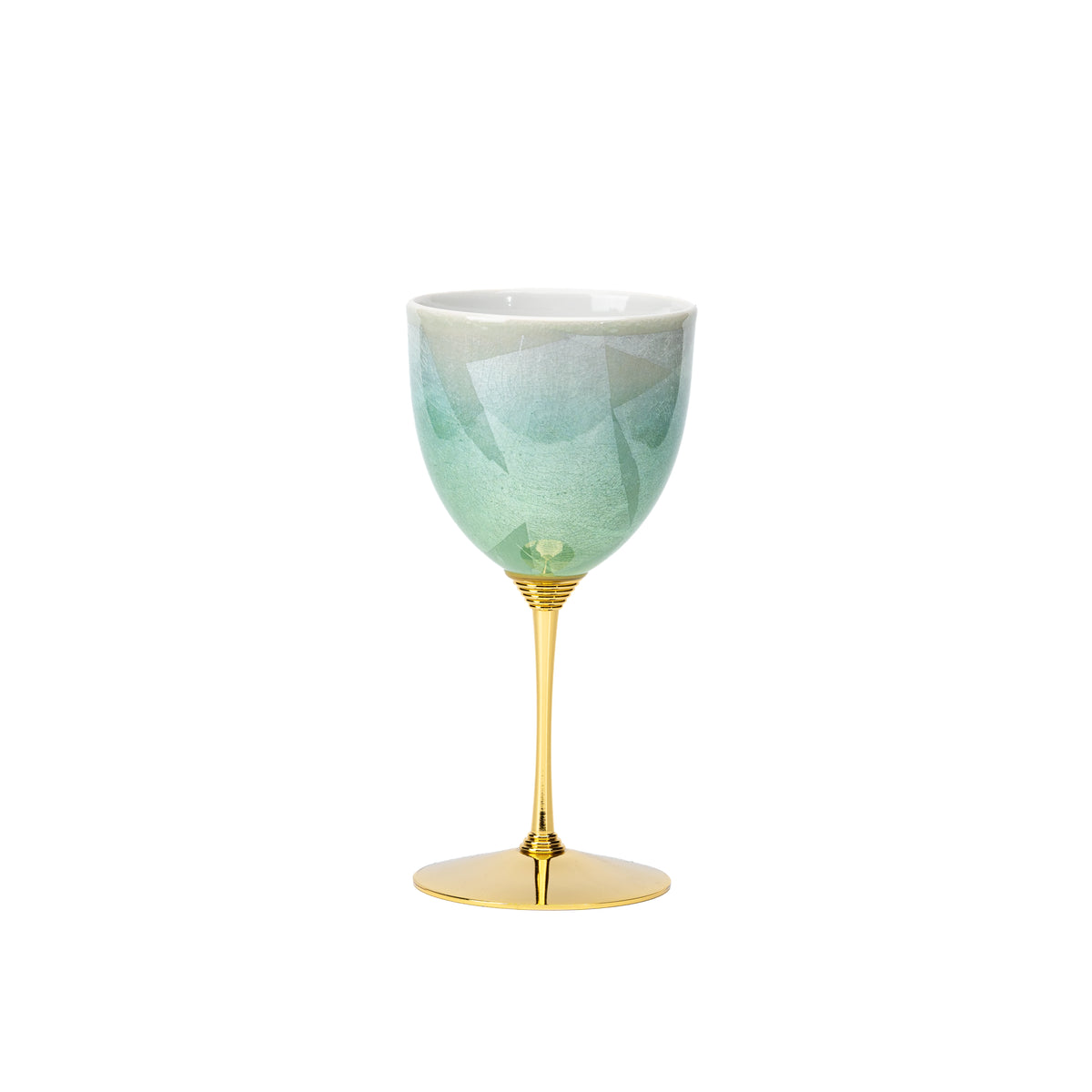 Green Kutani wine cup with a gold-colored stem and base on a white background.