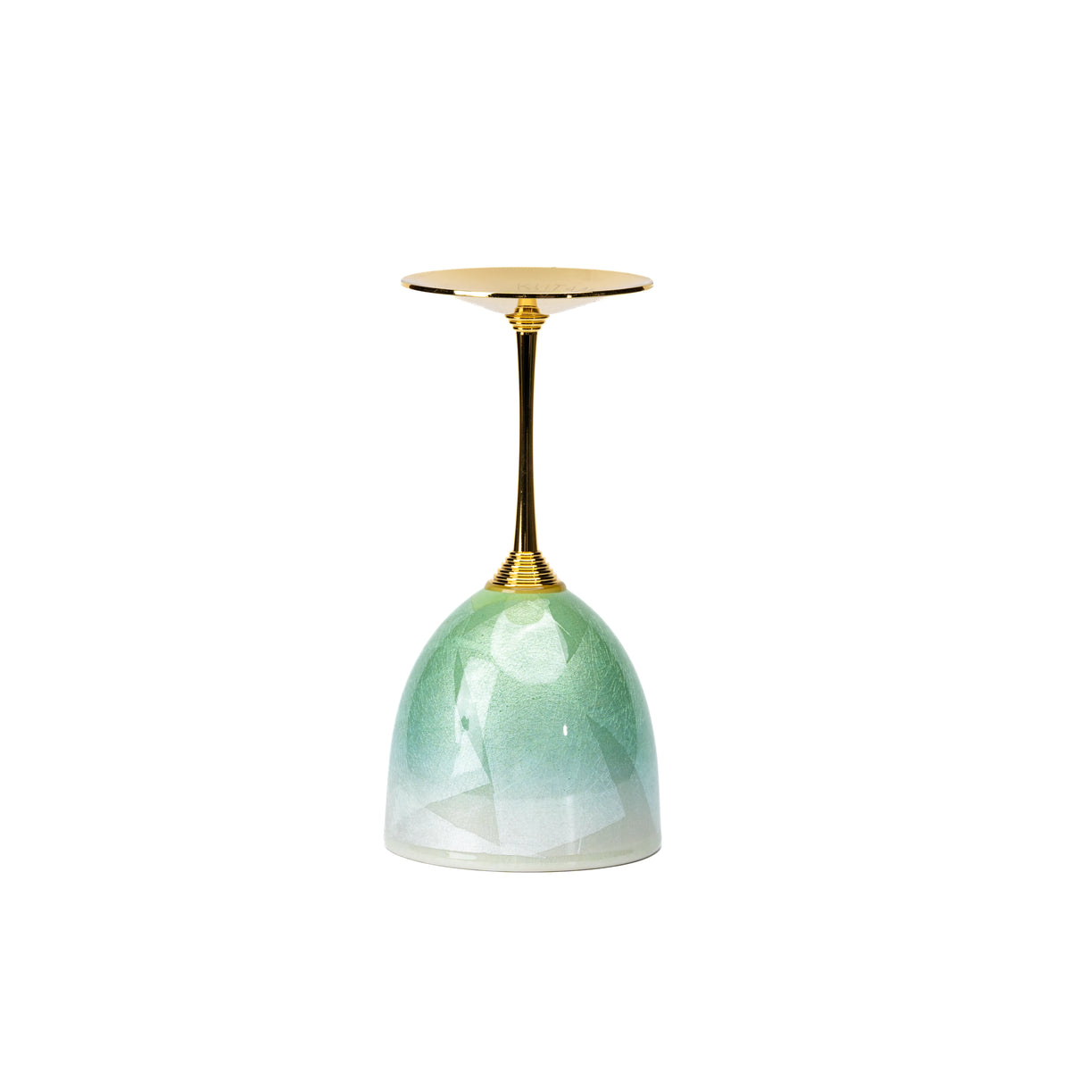 Green Kutani wine cup inverted to show its base and green ceramic bowl.