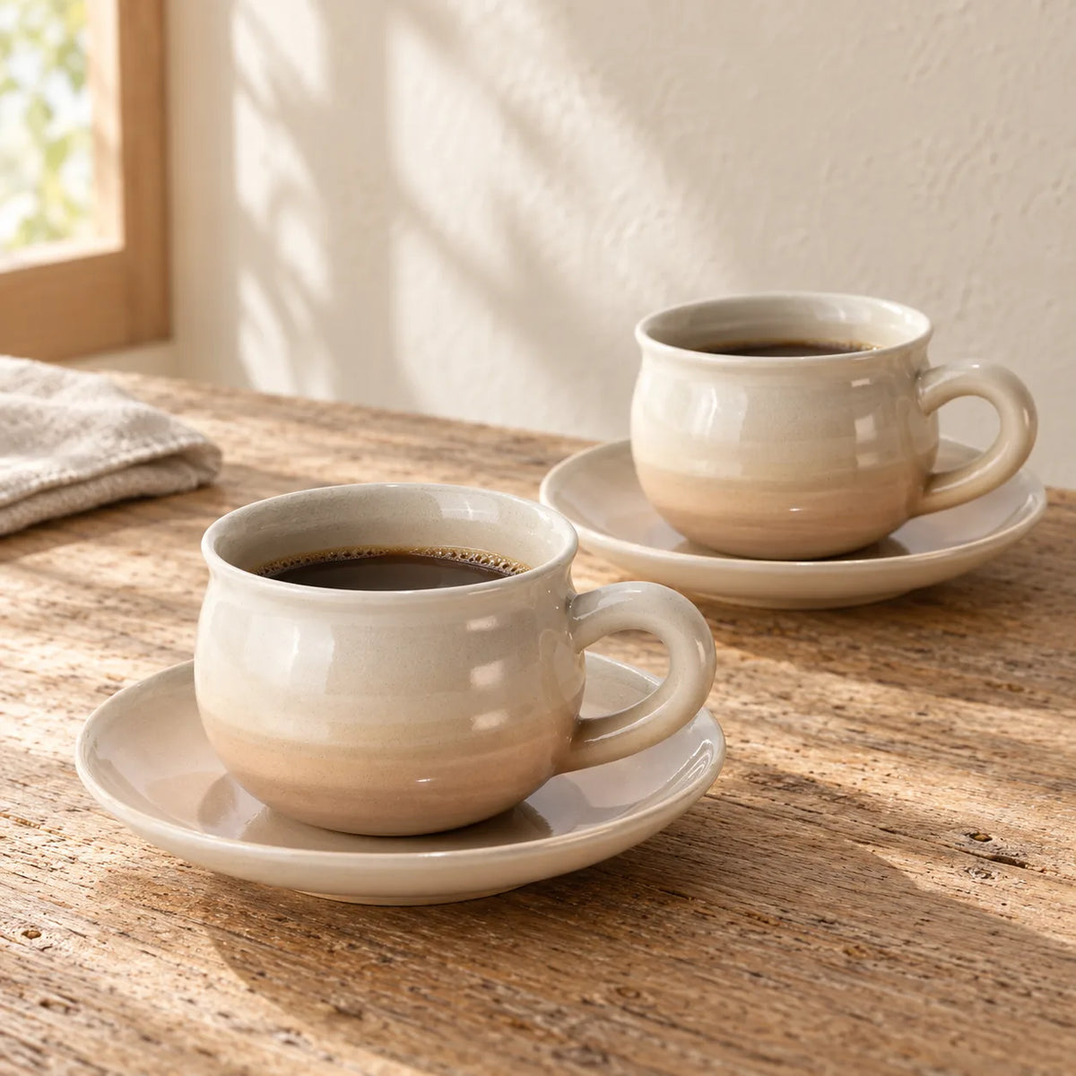 Two blush-glazed Hagi Himetsuchi coffee cups on their matching saucers in warm morning light.