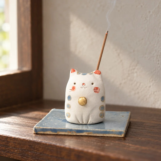 Handmade white cat incense holder on its blue ceramic dish with a short lit incense stick inserted at the back