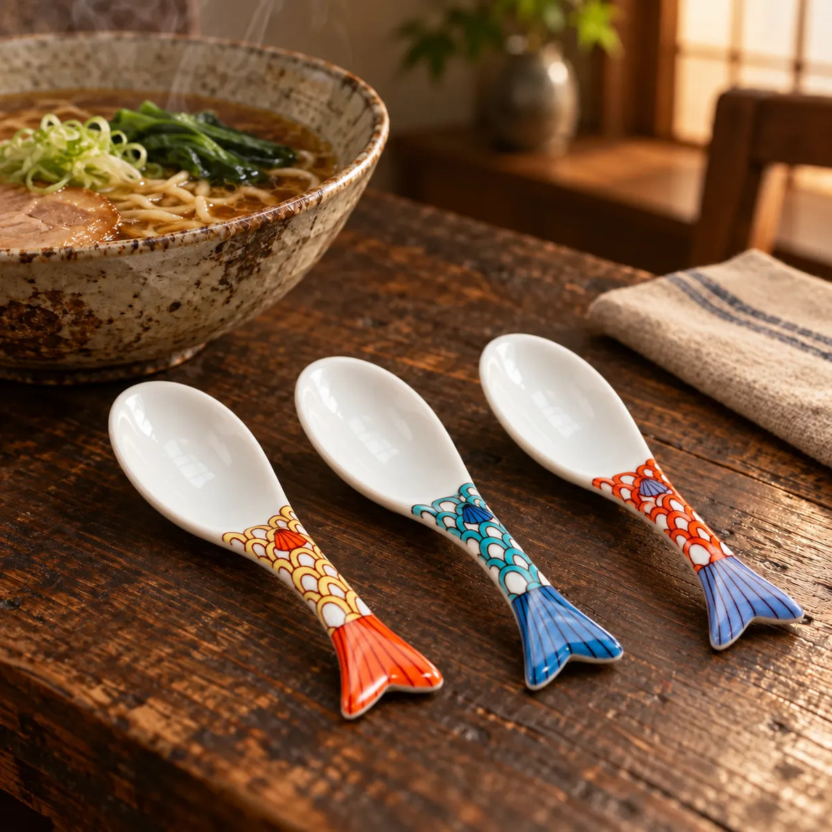 Yellow, green and red Harekutani fish-shaped porcelain soup spoons beside a bowl of ramen