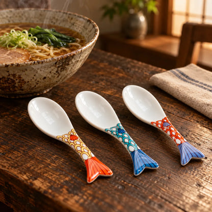 Yellow, green and red Harekutani fish-shaped porcelain soup spoons beside a bowl of ramen