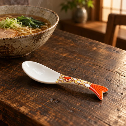 One yellow Harekutani fish-shaped porcelain soup spoon beside a bowl of ramen