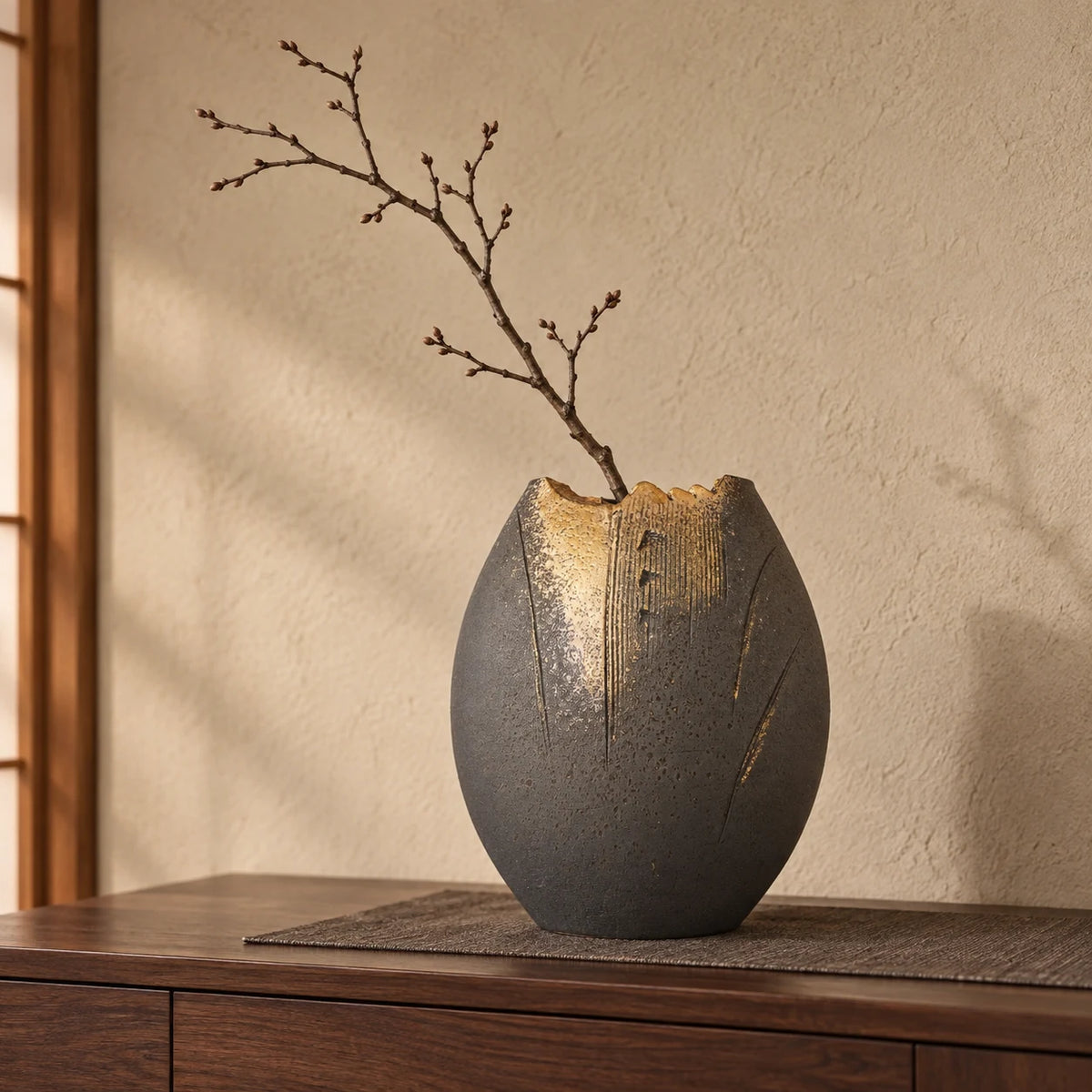 Hechimon Banju black and gold rounded vase holding one bare branch on a walnut sideboard.