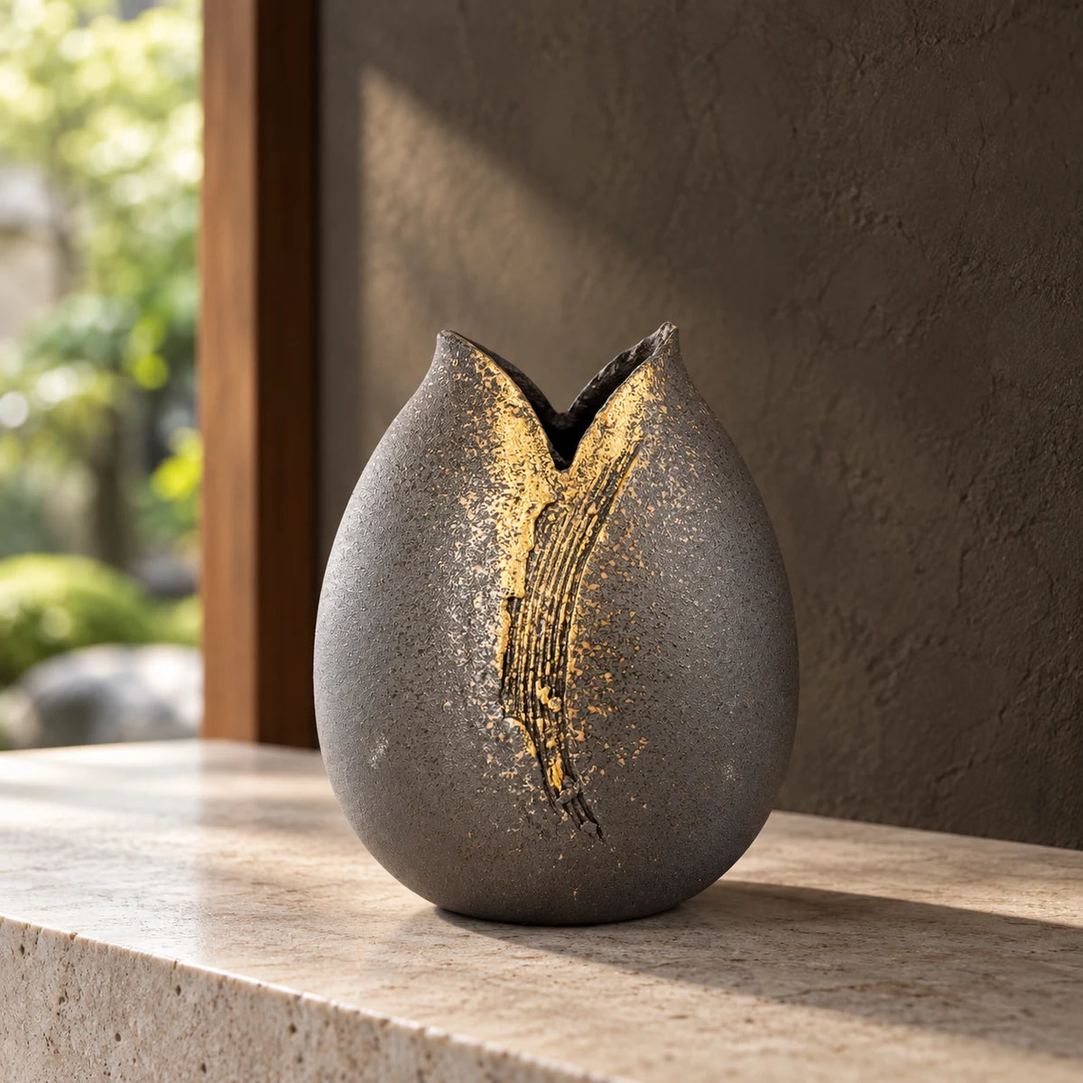 Hechimon Banju teardrop vase displayed empty on a pale stone console, showing its V-shaped rim and gold detail.