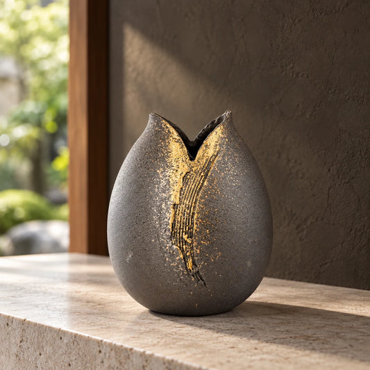 Hechimon Banju teardrop vase displayed empty on a pale stone console, showing its V-shaped rim and gold detail.