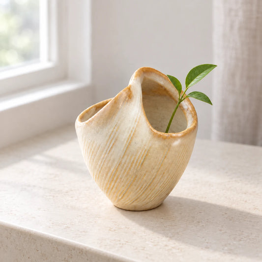Cream Hechimon Kairo small ceramic vase with a short green sprig on a pale stone windowsill; two curved openings are visible.