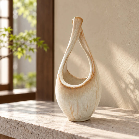 Hechimon Kairo tall cream ceramic vase standing empty on a pale stone ledge in soft morning light.
