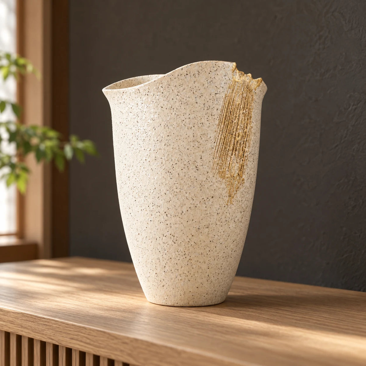 Speckled white Hechimon Kirara vase with a vertical gold accent displayed empty on an oak sideboard.