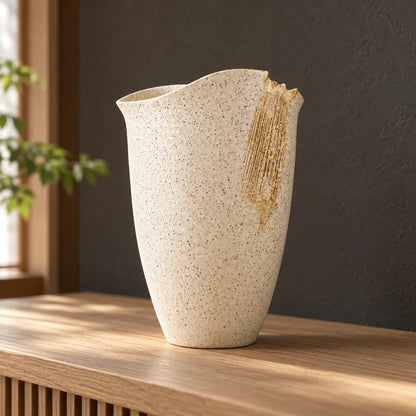 Speckled white Hechimon Kirara vase with a vertical gold accent displayed empty on an oak sideboard.