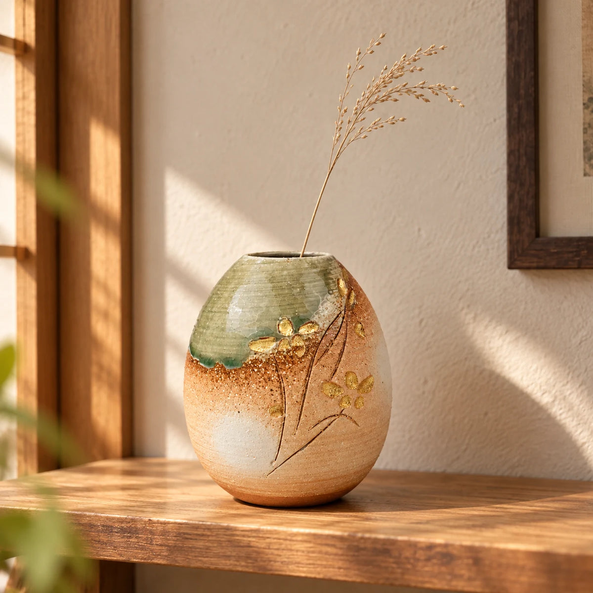Rounded Hechimon Meiyo vase with one dried grass stem on a warm wooden shelf.